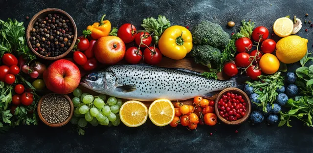 Fresh fruits and vegetables surrounding raw fish on a slate flat-lay background
