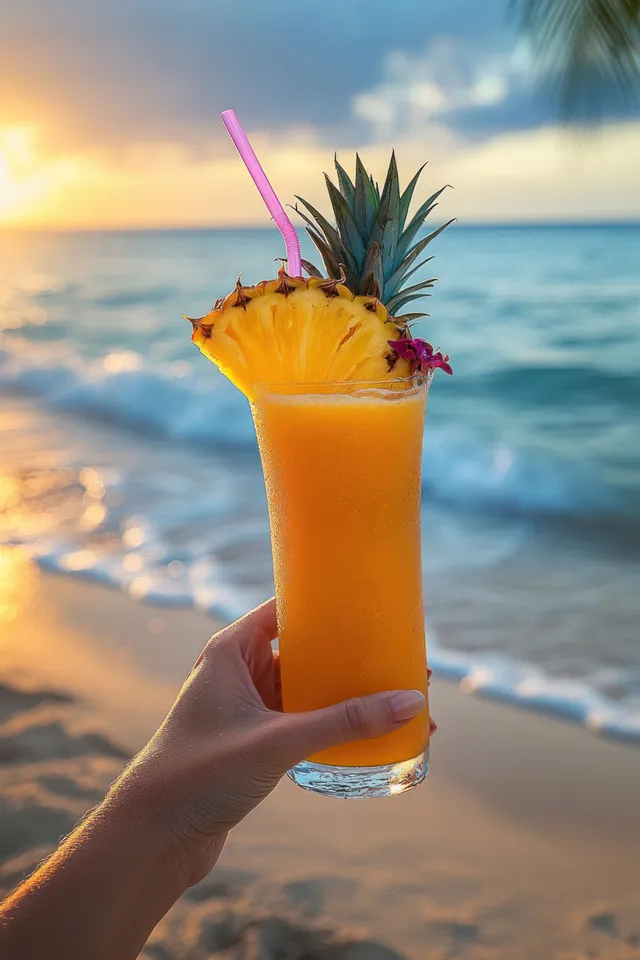Hand holds pineapple smoothie with pink straw and garnish on sandy beach at sunset