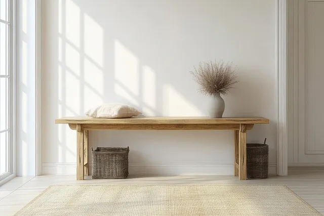 Minimalist wooden console table against a white wall in a bright Scandinavian hallway with soft sunlight shadows.