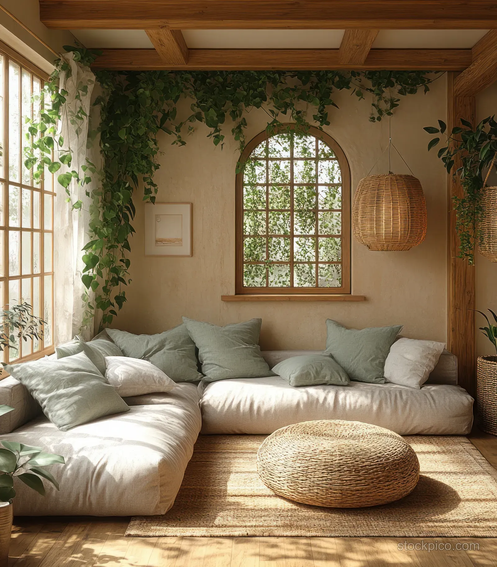 Cozy Scandinavian living room with a linen sofa, woven ottoman, large windows, and hanging vines.