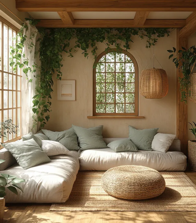 Cozy Scandinavian living room with a linen sofa, woven ottoman, large windows, and hanging vines.