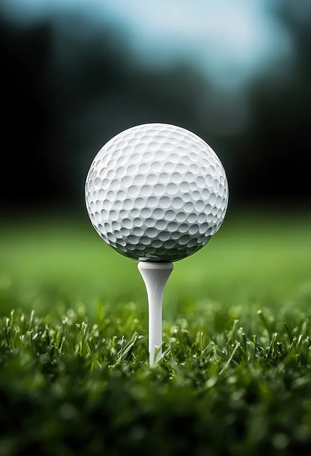 White golf ball perched on a tee in green grass with a blurred natural background.