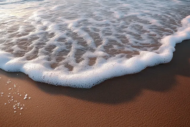 Sunrise ocean waves lapping dark sand with frothy foam and warm golden light