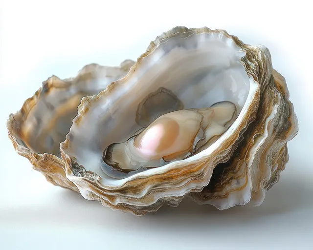 An open oyster shell reveals a shiny pearl resting on a smooth white surface.