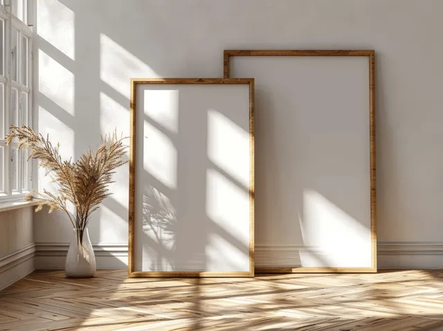 Two wooden picture frames stand on a sunlit parquet floor beside a vase in a minimalist interior.