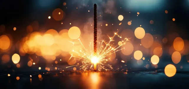 A burning sparkler glows with golden sparks and soft bokeh lights against a dark night background.