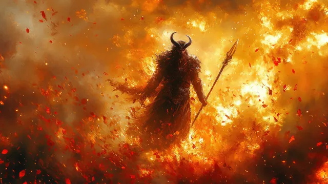A valkyrie warrior in a horned helmet wields a saber amid fiery embers and red petals at sunset.