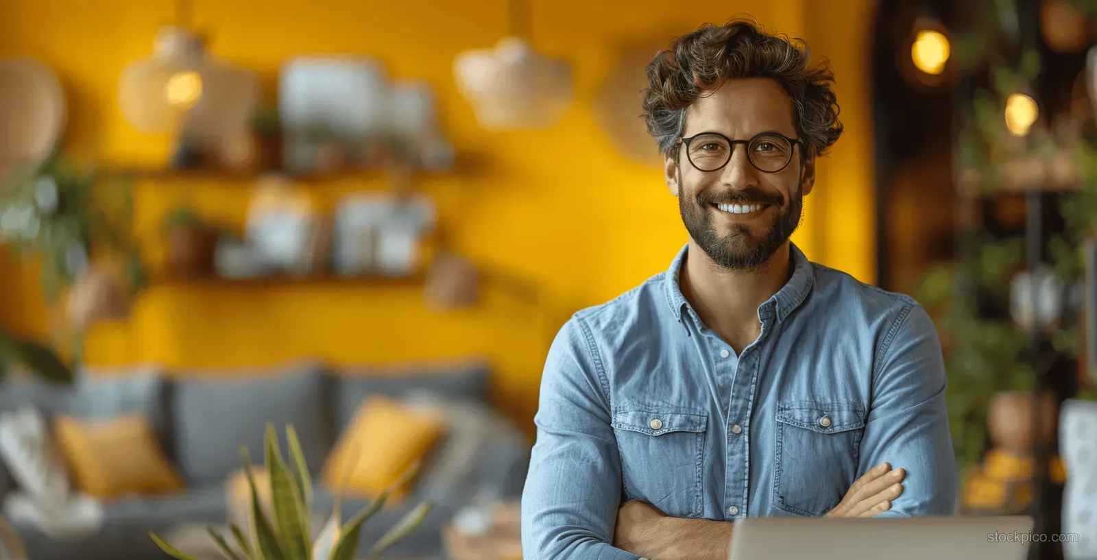 A smiling man in glasses sits with a laptop in a yellow room.