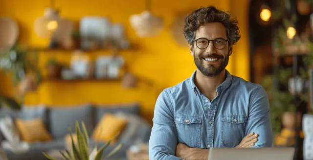 Smiling man with glasses using laptop in warm yellow room