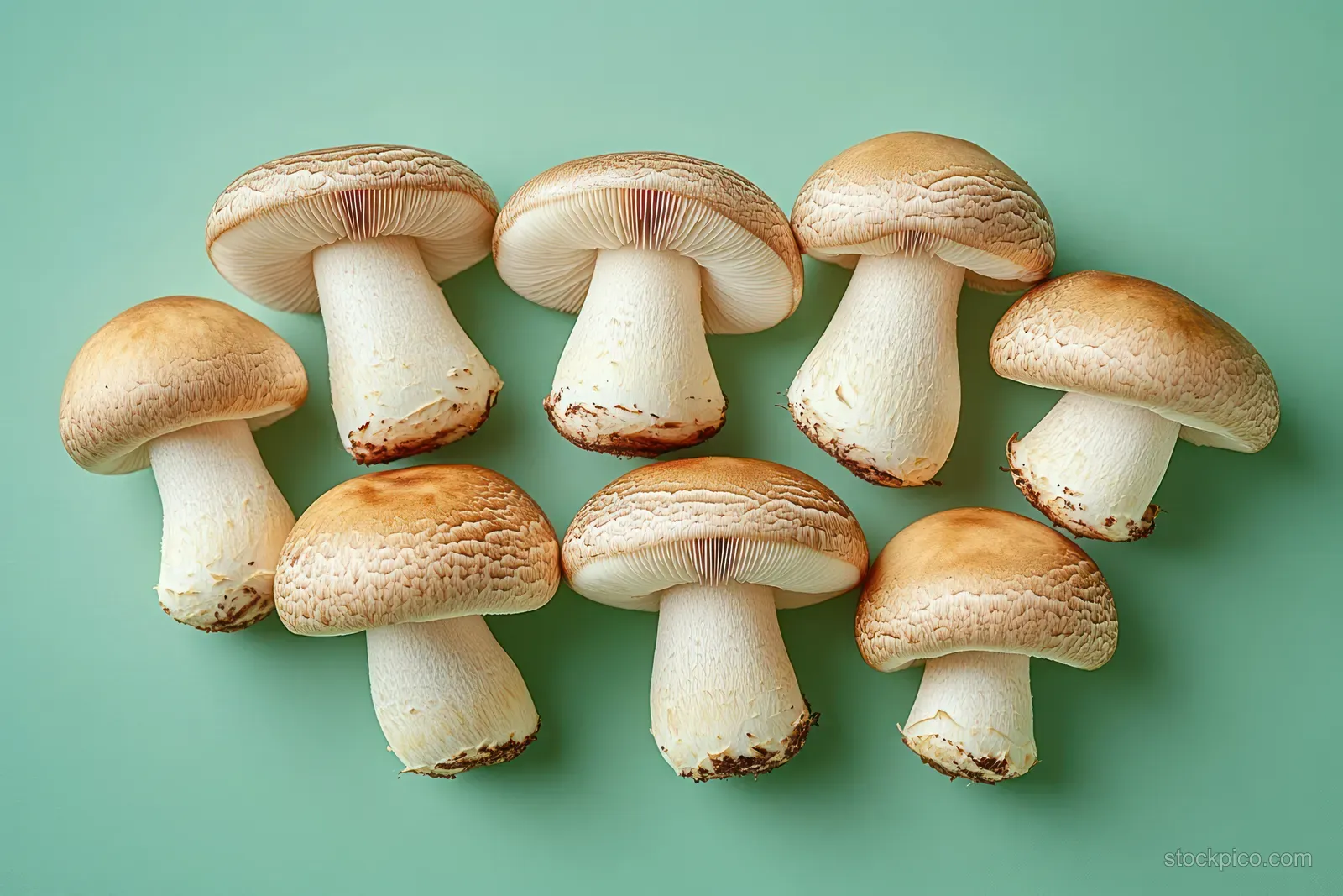 Nine fresh brown mushrooms with thick white stems arranged on a teal background.