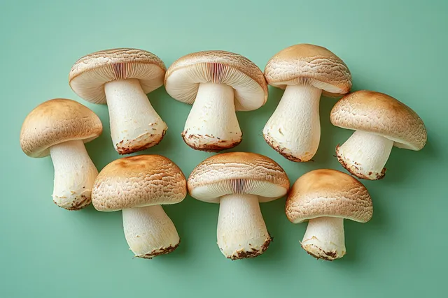 Nine fresh brown mushrooms with thick white stems arranged on a teal background.