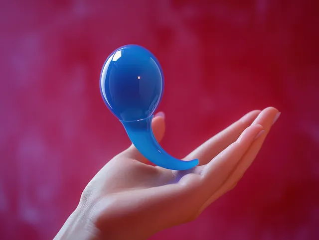 Hand gently holds a glossy blue teardrop object against a blurred red backdrop