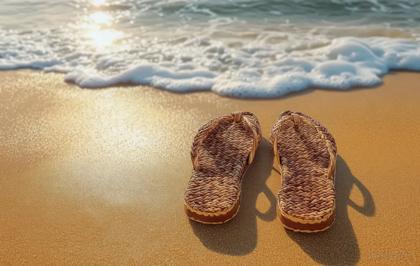 Woven sandals rest on sunlit beach sand as soft ocean waves roll in at the waterline.