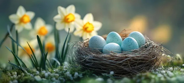 Pastel Easter eggs nestled in straw beside daffodils with soft spring bokeh
