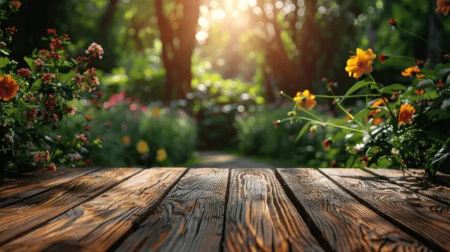 Weathered wooden tabletop in the foreground with blooming flowers and sunlit garden plants blurred behind.