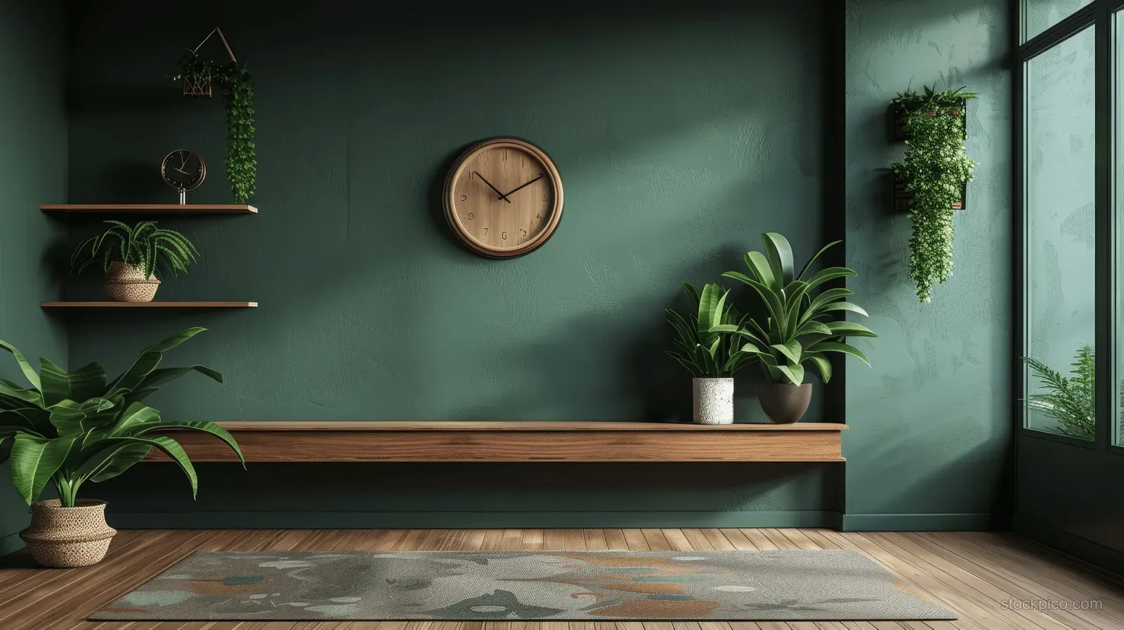 Dark green living room interior with wooden shelves, wall clock, potted plants, warm carpet, and a window view.