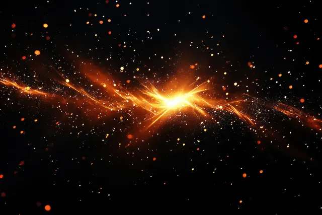 Glowing sparks and fiery streaks flare at the center against a dark night background.