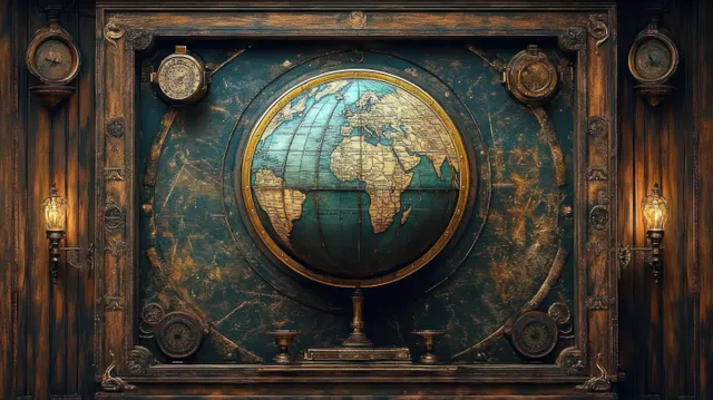 Antique globe with Africa and Europe in a weathered wooden display, flanked by brass gauges and warm light.