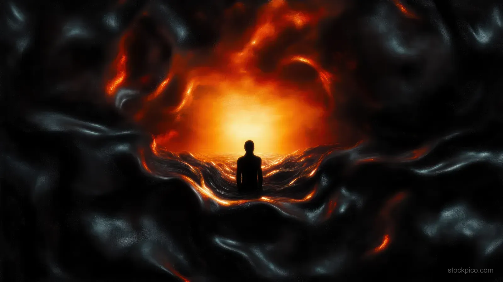 A lone silhouette sits on dark swirling waves facing a fiery glowing horizon with strong orange light contrast.