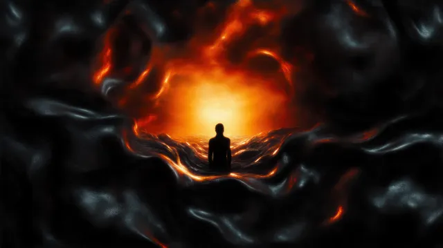 A lone silhouette sits on dark swirling waves facing a fiery glowing horizon with strong orange light contrast.
