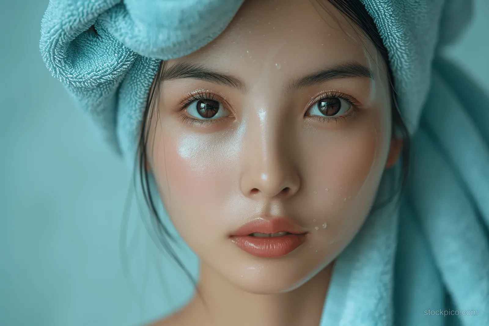 Asian woman with a towel on her head looks at the camera in a cool-toned spa room.