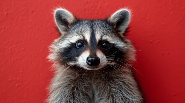 Adorable raccoon peeking forward against bold red background, curious dark eyes