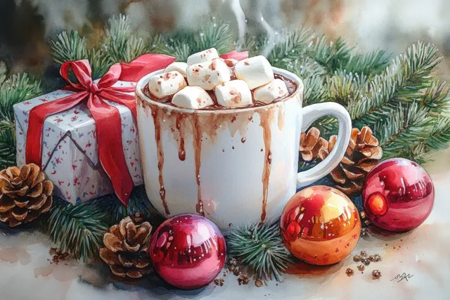 Hot chocolate cup with marshmallows and festive ornaments beside ribbon-wrapped Christmas gifts, watercolor