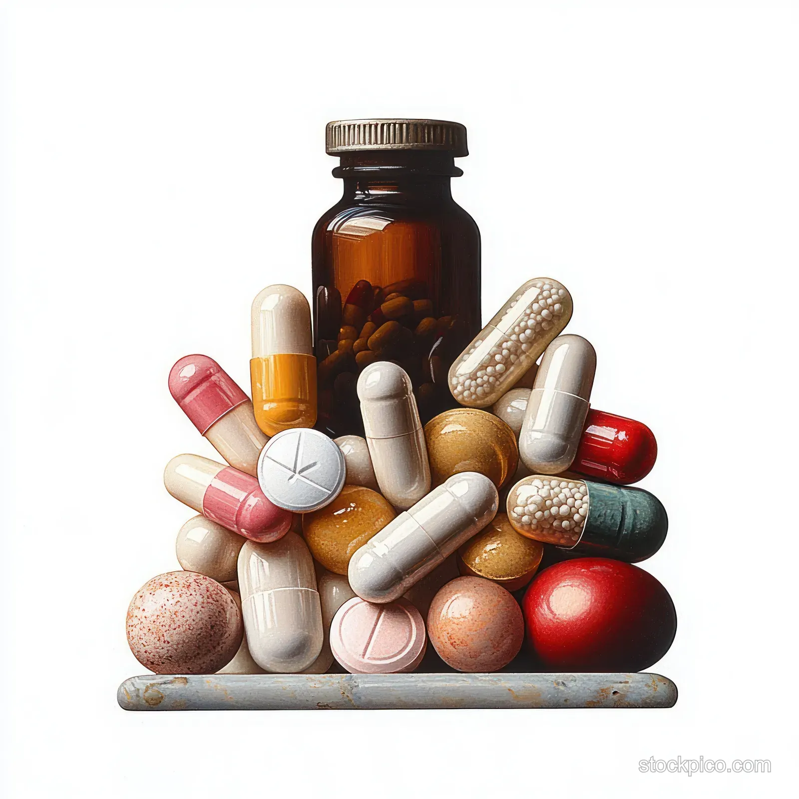 Multicolored capsules and tablets stacked in front of a brown pill bottle on a white background.