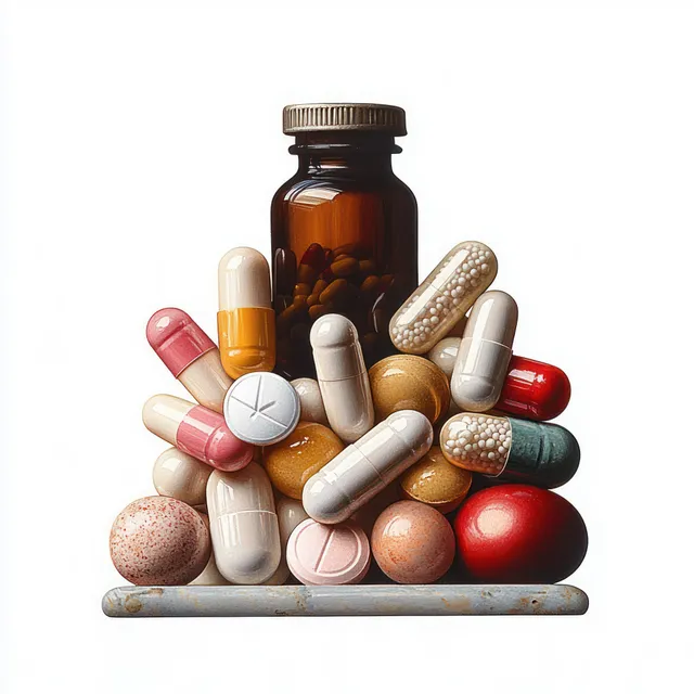 Multicolored capsules and tablets stacked in front of a brown pill bottle on a white background.
