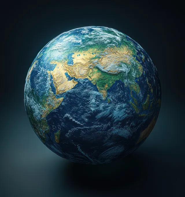 A glowing 3D Earth globe with illuminated continents and ocean textures under soft sunlight.