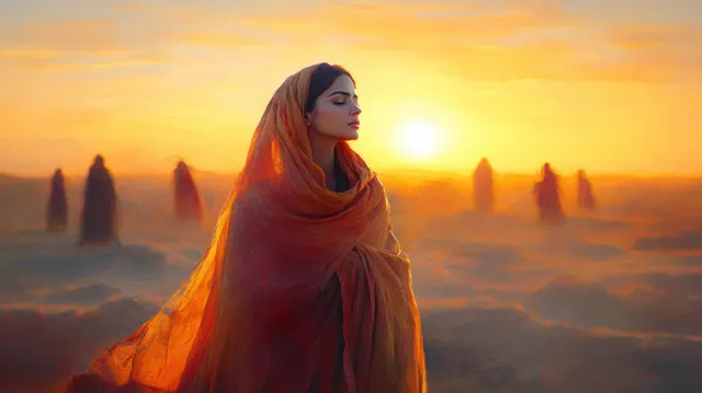 Young woman in orange shawl praying in a sandy desert at sunrise