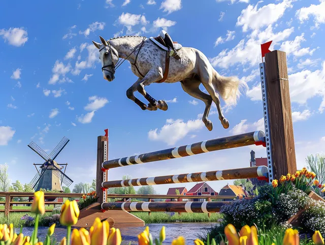 Showjumping rider launches horse over tulip-pattern obstacle with windmill backdrop