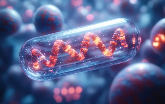 3D DNA helix glowing inside transparent capsule among colorful cells and particles