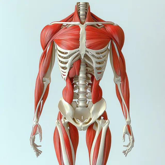 Anterior 3D illustration of the human skeleton with red biceps muscles, ribs, and shoulders on a light background.