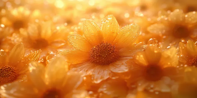 A close-up sunflower head with glowing yellow petals and blurred sunflower field behind it under warm light.
