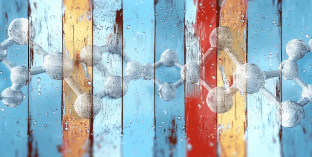 Abstract chemical structure banner with connected spheres and water droplets on blue backdrop