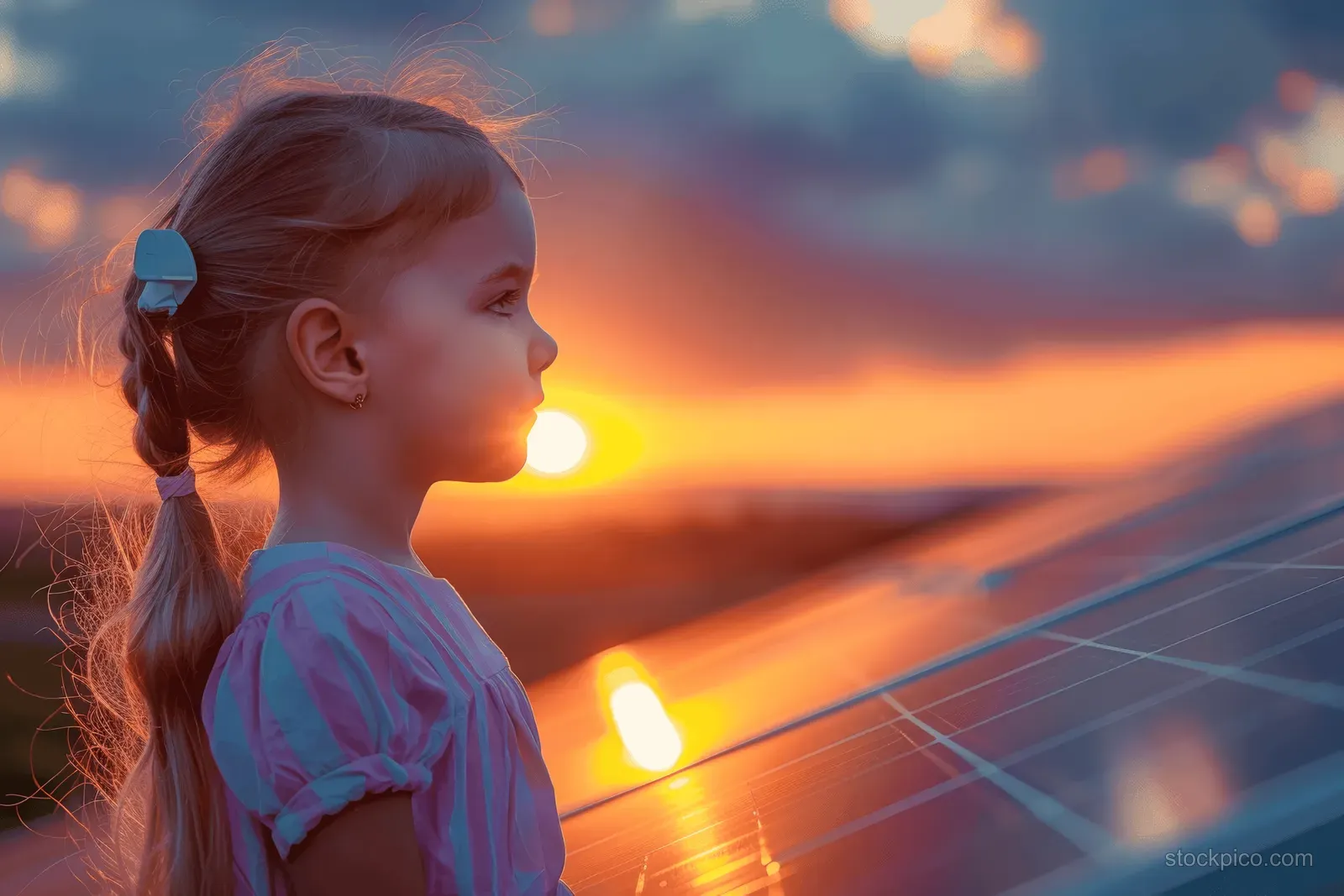 Side-profile young girl standing beside solar panels, looking at a glowing sunset over the horizon.