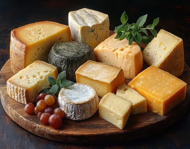 Assorted cheeses on a wooden board with grapes and fresh herbs arranged as a rustic platter.