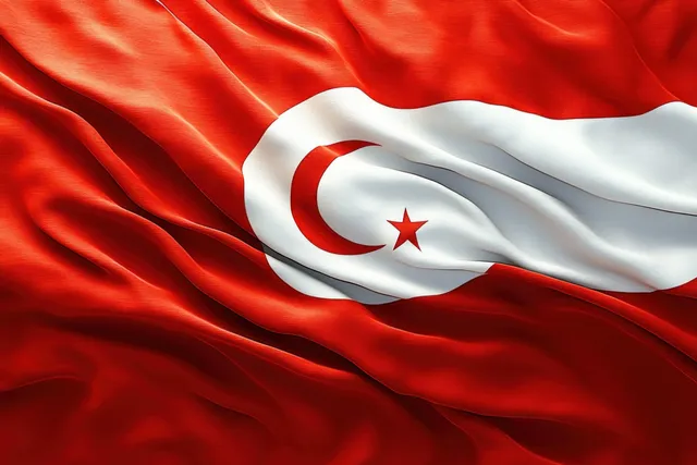 Red and white flag with crescent moon and star symbol waving through fabric folds