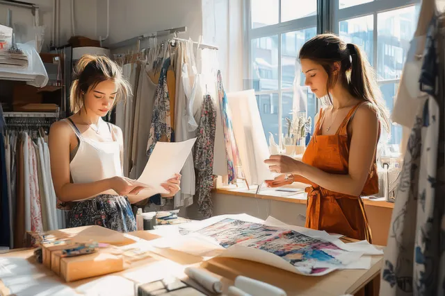 Two young women review colorful fabric pattern sheets at a sunlit studio surrounded by hanging textiles.