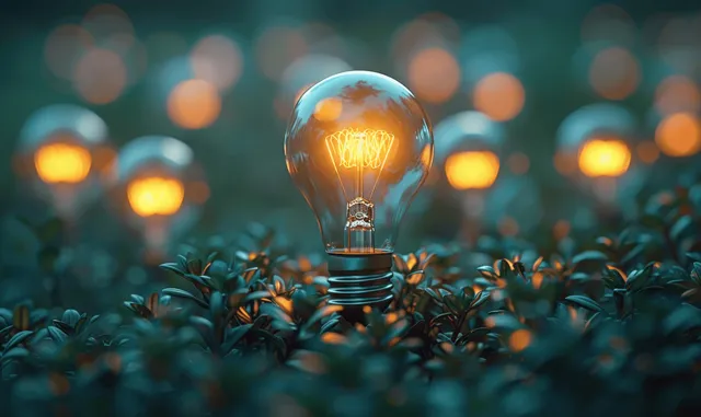 A glowing light bulb stands upright in a bed of small plants with out-of-focus lights behind it.
