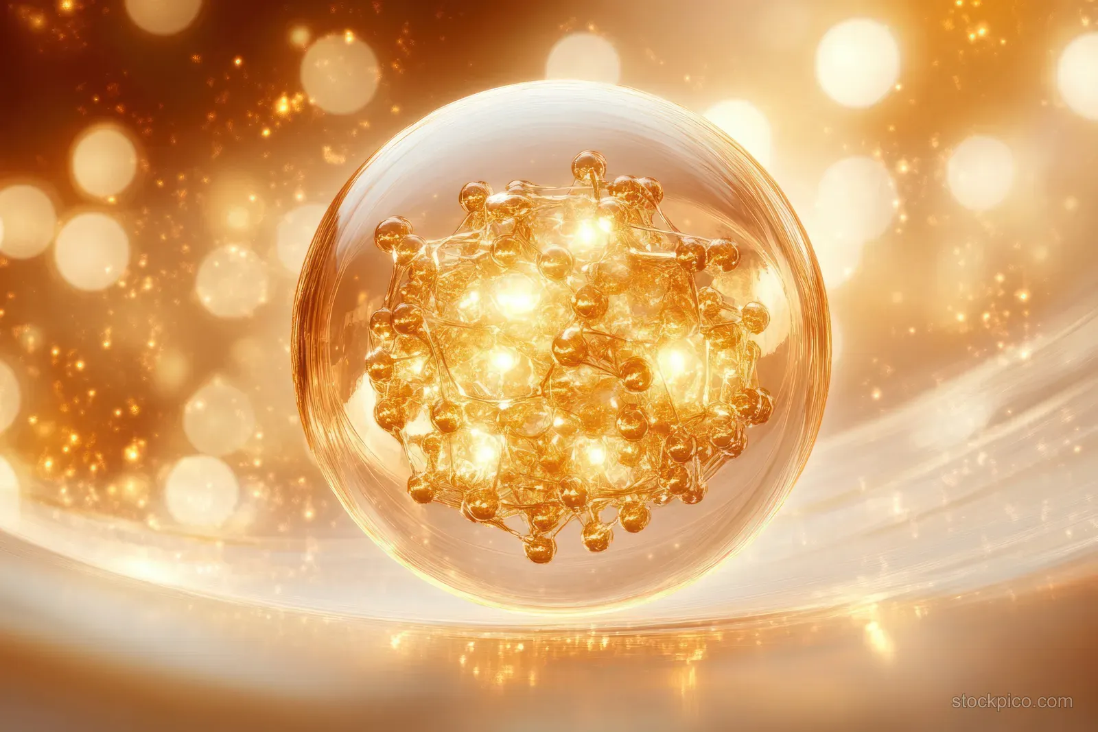 A glowing golden molecular network is encapsulated in a translucent sphere with sparkling particles around it.
