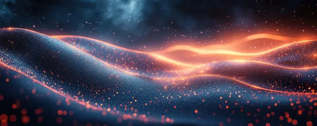 Neon waves and glowing particles form a futuristic cosmic digital backdrop with geometric shapes in deep space.