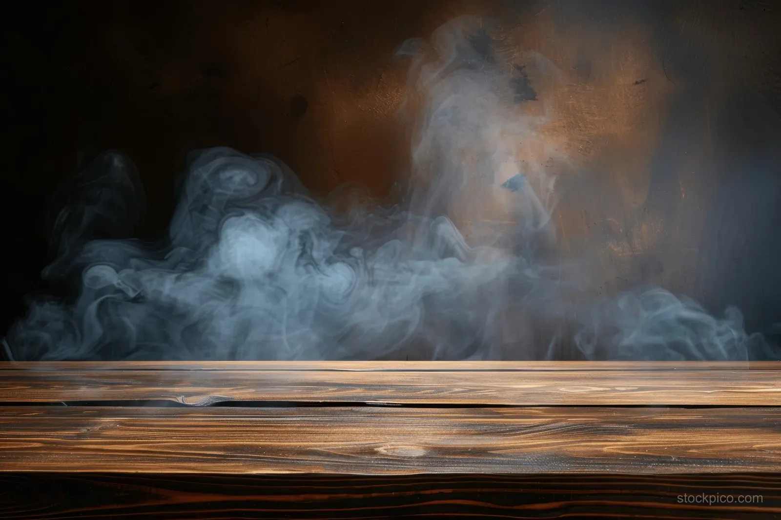 Empty wooden tabletop with rising smoke and fog against a dark gritty background.