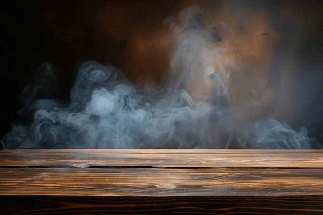 Empty wooden tabletop with rising smoke and fog against a dark gritty background.