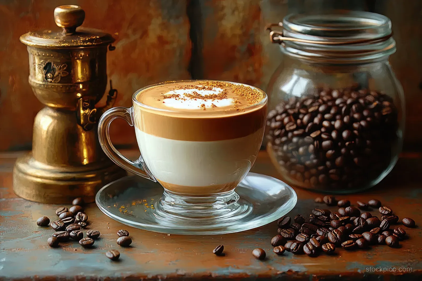 Layered latte in a glass cup topped with cinnamon foam on a rustic table with scattered coffee beans and a jar.