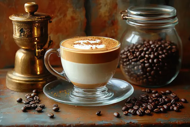 Layered latte in a glass cup topped with cinnamon foam on a rustic table with scattered coffee beans and a jar.