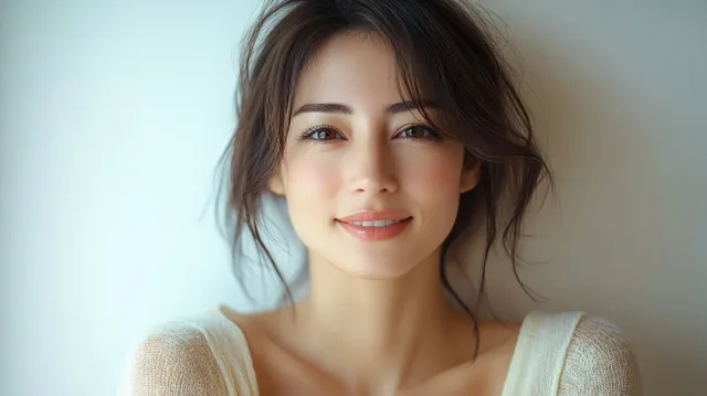 A middle-aged woman smiles in soft natural light during a close-up portrait with hair framing her face.