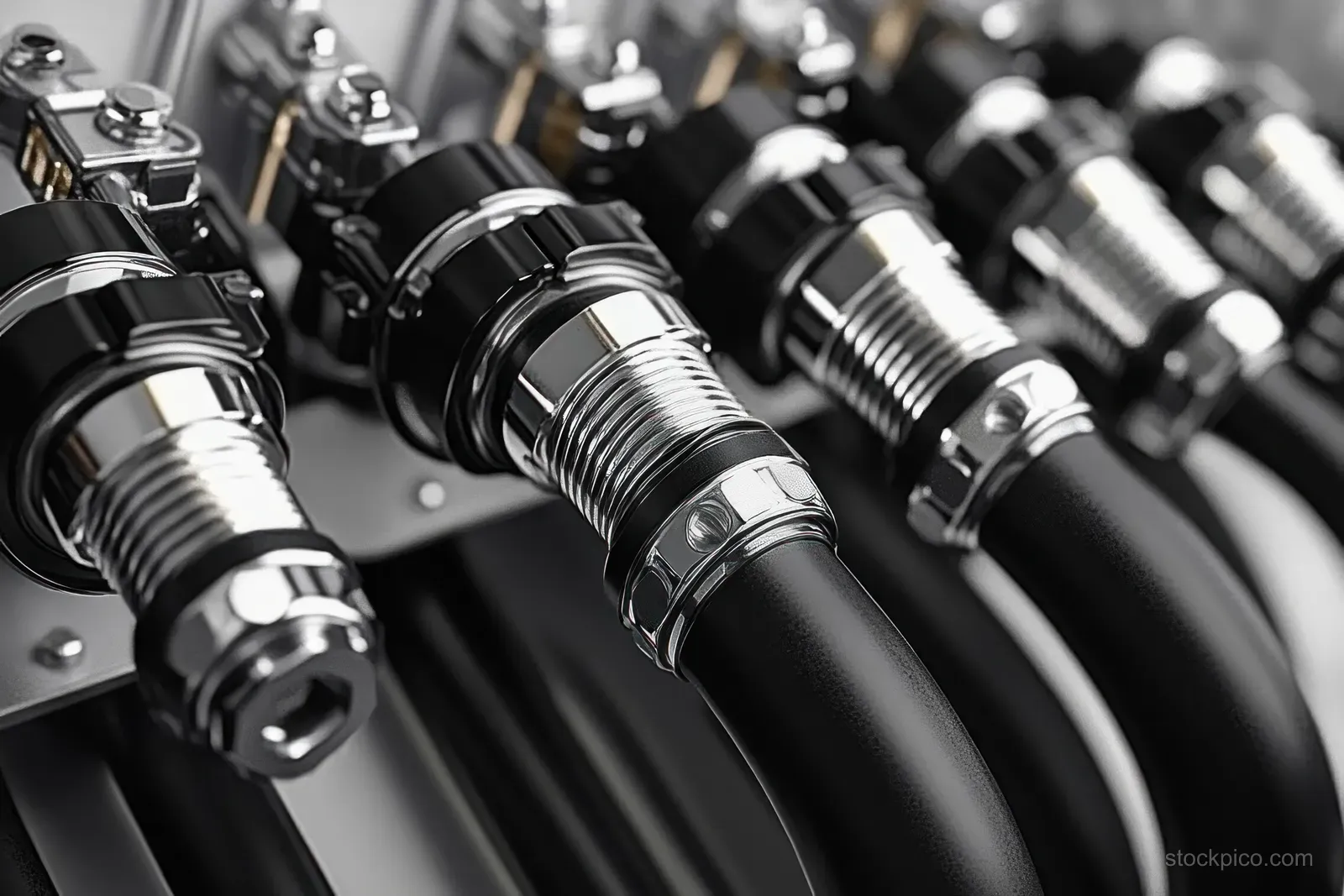 Braided metal hoses with shiny threaded stainless fittings connected in a straight row on industrial machinery.