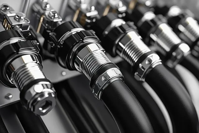 Close-up of braided flexible metal hoses with threaded stainless fittings connected in a straight line
